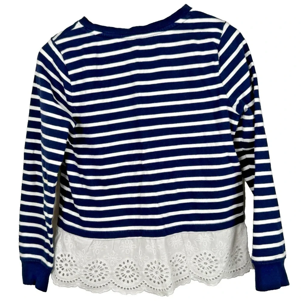 Crown & Ivy Striped Knit Sweater Eyelet Lace Hem‎ Peplum Navy White Nautical PM